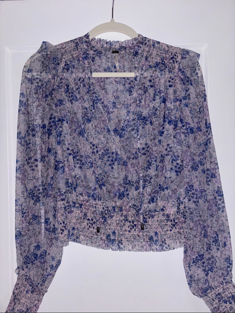 Free People Lavender and Blue Floral Smocked Waist Blouse